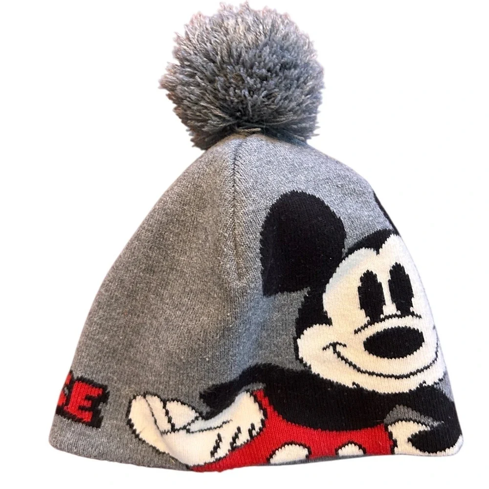 Disney H&M Mickey Mouse Hat Gray Pom Pom Kids Child Size 4-8 Youth‎ Knit Beanie